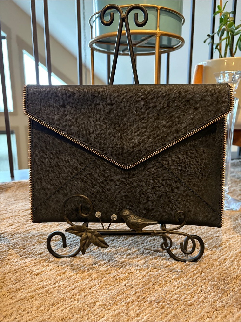 Rebecca Minkoff Black Saffiano Leather Leo Envelope Clutch Bag Gold Zipper Trim
